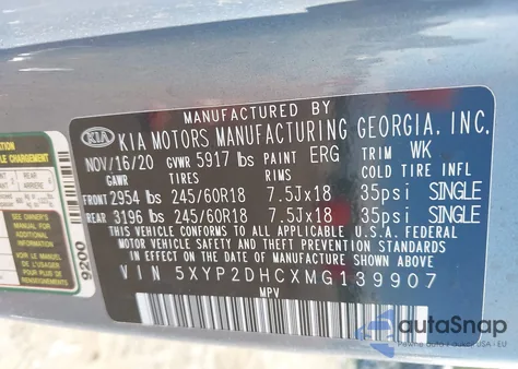 2021 Kia Telluride Lx z USA, uszkodzony, nr VIN 5XYP2DHCXMG139907